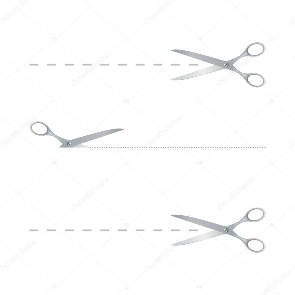 Vector realistic steel scissors with dashed line on a white background.