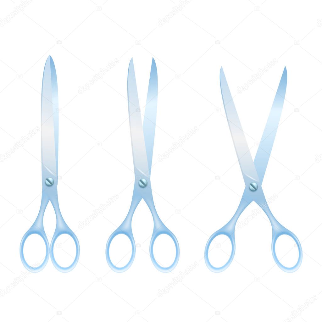 Vector realistic set of steel scissors on an isolated white background