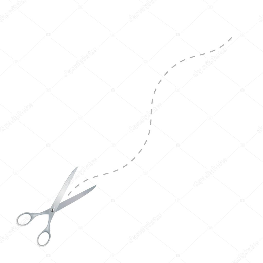 Vector realistic steel scissors with dashed line on a white background.