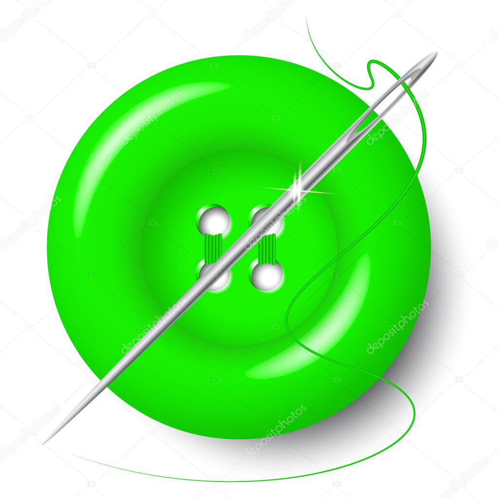 Vector isolated green button for clothes, needle and thread on a white background. Realistic vector illustration.