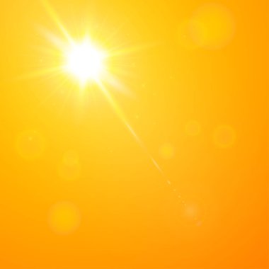 Gerçekçi pankart parlak turuncu kıyı şeridi gökyüzü güneş ve güneş ışığı ile. Gündüz güneşli çöl gökyüzünün vektör arkaplanı.