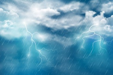 Koyu mavi gökyüzünde gök gürültülü ve yıldırımlı sonbahar gece yağmurunun gerçekçi bir örneği. Vektör soyut arkaplanı.