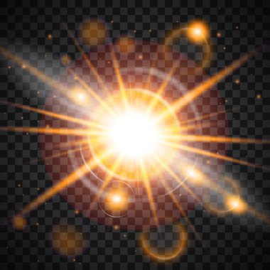 Soyut, şeffaf, güneşli gökyüzü. Gerçekçi pankart, parlak turuncu gökyüzü ve yaz güneşi Bokeh. Gündüz güneşli çöl gökyüzünün vektör arkaplanı.