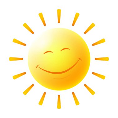 Beyaz arka planda yalnız gülümseyen güneş. Çocuk çizimleri için peri masalı karakteri.