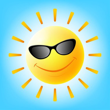 Güneş gözlükleriyle gülümseyen tenha bir güneş. Çocuk çizimleri için peri masalı karakteri.