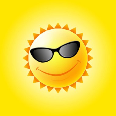 Güneş gözlükleriyle gülümseyen tenha bir güneş. Çocuk çizimleri için peri masalı karakteri.