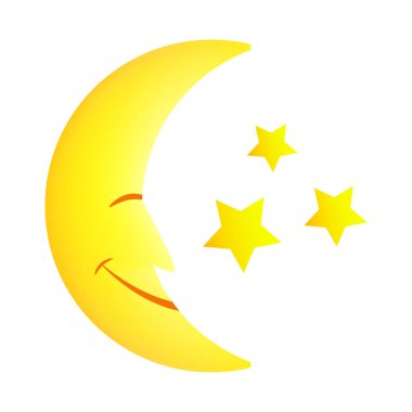 Gülümseyen ay ve yıldızların beyaz arkaplanda izole edilmiş renk simgeleri. Çocuk çizimleri için peri masalı karakteri.