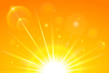 Parlak turuncu gökyüzünde gerçekçi güneş ve güneş ışınları. Soyut yaz güneşli gökyüzü. Bokeh ile gündüz güneşli çöl gökyüzünün vektör arkaplanı.