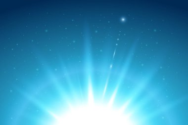 Gece gökyüzündeki Güneş 'in soyut mavi ışığı. Güneşin parlak ışınları ve parlak parıltılar, yıldızlar. Yıldızlı mavi gökyüzündeki güneş ışınları.
