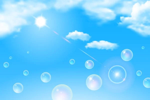 Mavi gökyüzünün gerçekçi çizimleri, beyaz bulutlar, güneş ve sabun köpükleri. Gerçekçi vektör arkaplanı.