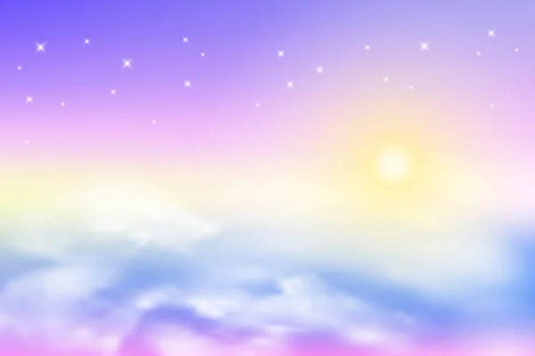 现实的天空 阳光和云彩柔和的苍白色彩 神奇的魔法 阳光灿烂的天空背景 粉色日出 矢量说明 — 图库矢量图片