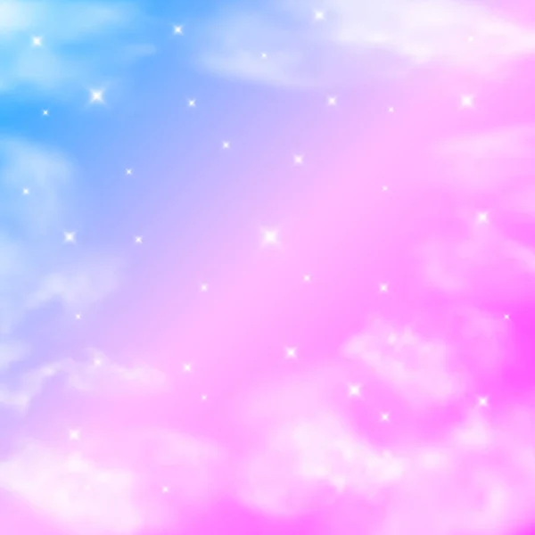 现实的天空 星星和云彩柔和柔和的粉红和蓝色 神奇的魔法 阳光灿烂的天空背景 粉色日出 矢量说明 — 图库矢量图片