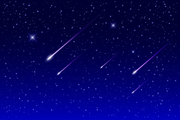 Güzel bir galaksinin arka planında uçan kuyruklu yıldızlar. Evrendeki yıldız tozu ve parlak yıldızlar. Uzayın gerçekçi vektör illüstrasyonu.
