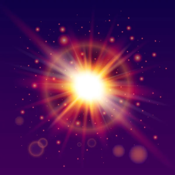 Flujo Luminoso Desde Amanecer Espacio Rayos Brillantes Del Sol Destellos — Vector de stock