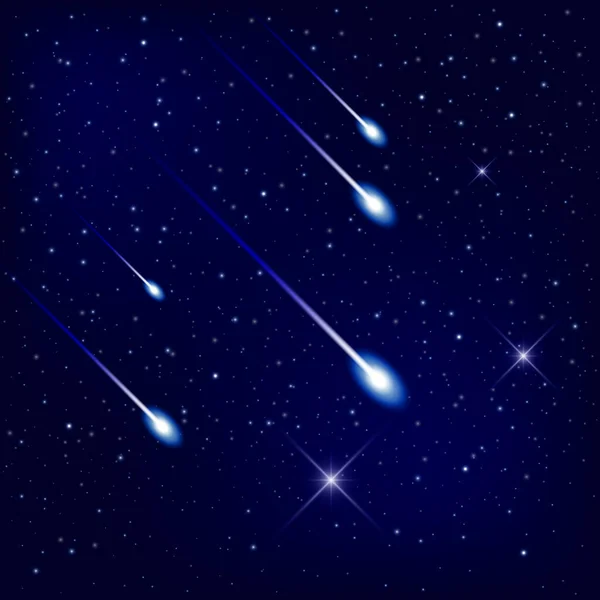 Güzel bir galaksinin arka planında uçan kuyruklu yıldızlar. Evrendeki yıldız tozu ve parlak yıldızlar. Uzayın gerçekçi vektör illüstrasyonu.