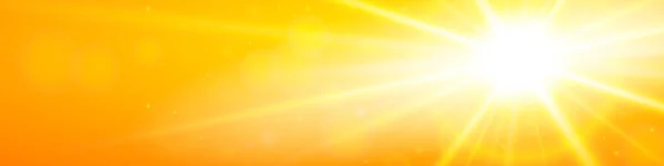 Soyut güneşli gökyüzü. Gerçekçi pankart, parlak turuncu gökyüzü ve Bokeh yaz güneşi. Gündüz güneşli çöl gökyüzünün vektör arkaplanı.