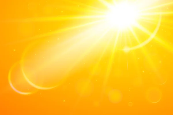 Soyut güneşli gökyüzü. Gerçekçi pankart, parlak turuncu gökyüzü ve Bokeh yaz güneşi. Gündüz güneşli çöl gökyüzünün vektör arkaplanı