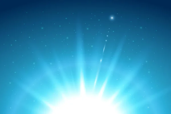 Gece gökyüzündeki Güneş 'in soyut mavi ışığı. Güneşin parlak ışınları ve parlak parıltılar, yıldızlar. Yıldızlı mavi gökyüzündeki güneş ışınları.
