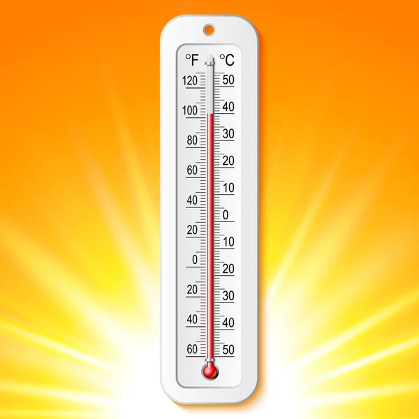 Изолированный Цветовой Реалистичный Термометр Градусами Цельсия Фаренгейта Солнечном Фоне Векторная — стоковый вектор
