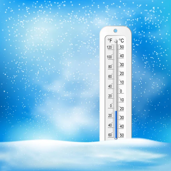 Цвет Реалистичный Термометр Градусами Цельсия Фаренгейта Холодном Зимнем Фоне Снежинки — стоковый вектор