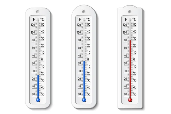 Beyaz arka planda izole edilmiş renkli, gerçekçi termometre simgeleri. Vektör hava bilgileri.