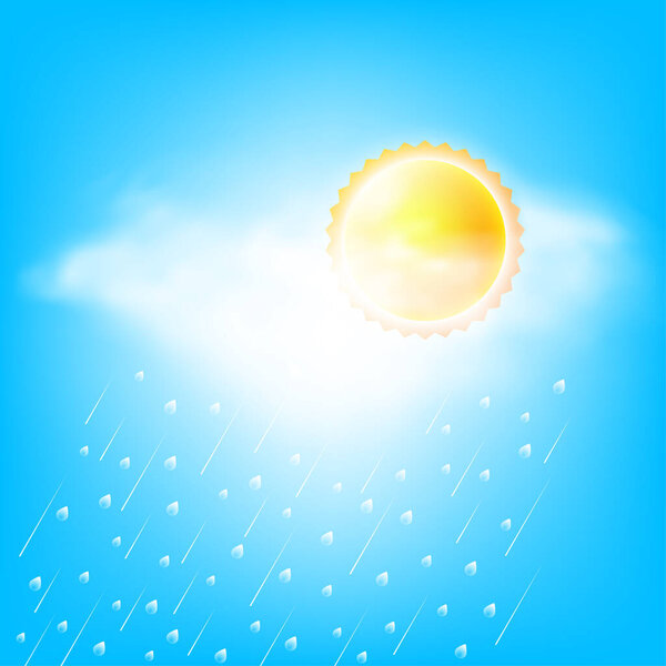 Изолированная икона солнца и грозовых облаков с дождём в голубом небе. Векторный абстрактный фон.