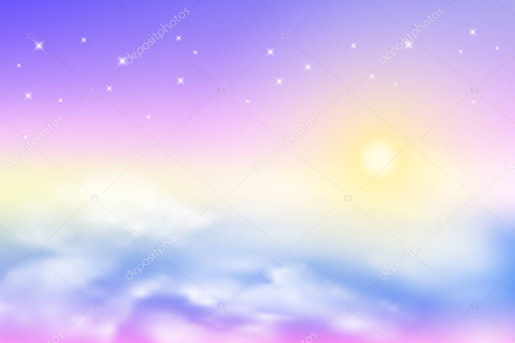 Realistic sky, sun and clouds in soft pastel colors. Fantastic magic sunny sky background. Pink sunrise, sunset. Vector illustration.