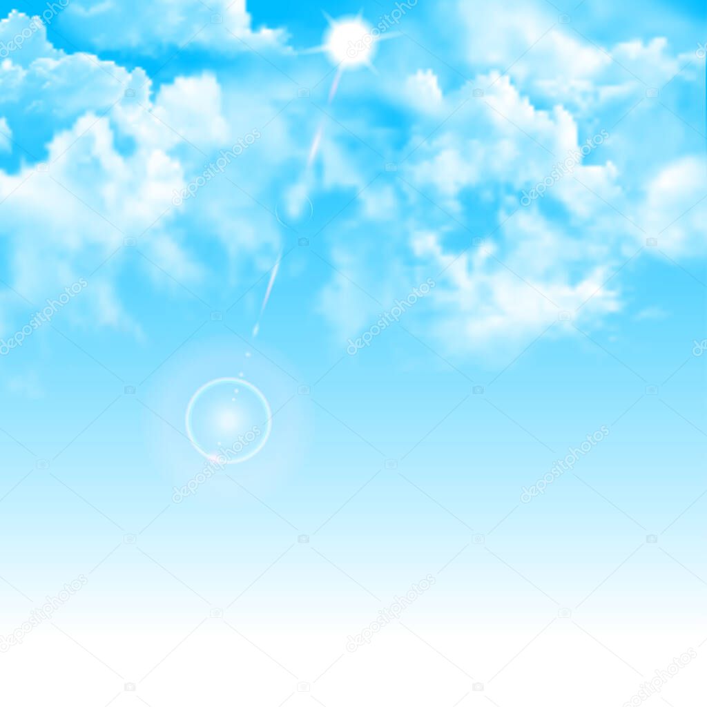 Sunny background, blue sky with white clouds and sun. Square realistic vector banner with blue sky. Banner text space.
