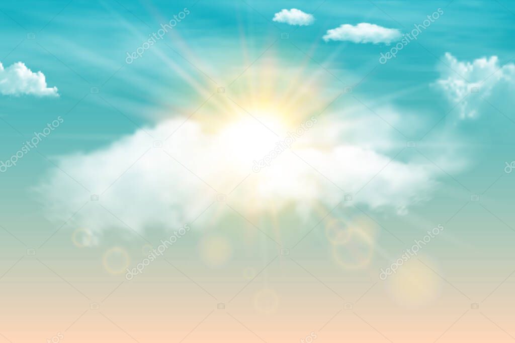 Sunny background, blue sky with white clouds and sun. Realistic vector banner with blue sky. Banner text space.