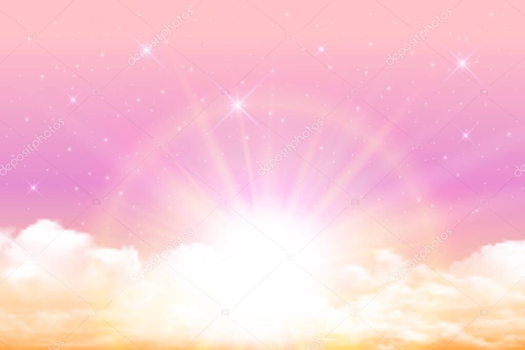 Realistic magical sunrise in pastel colors against a background of stars and white clouds. Vector background morning sunny sky.