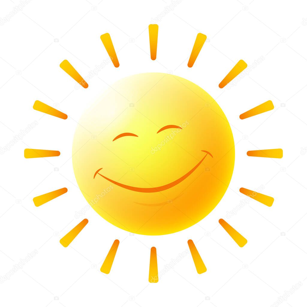 Isolated smiling sun on an white background. Fairy tale character for children's illustrations.