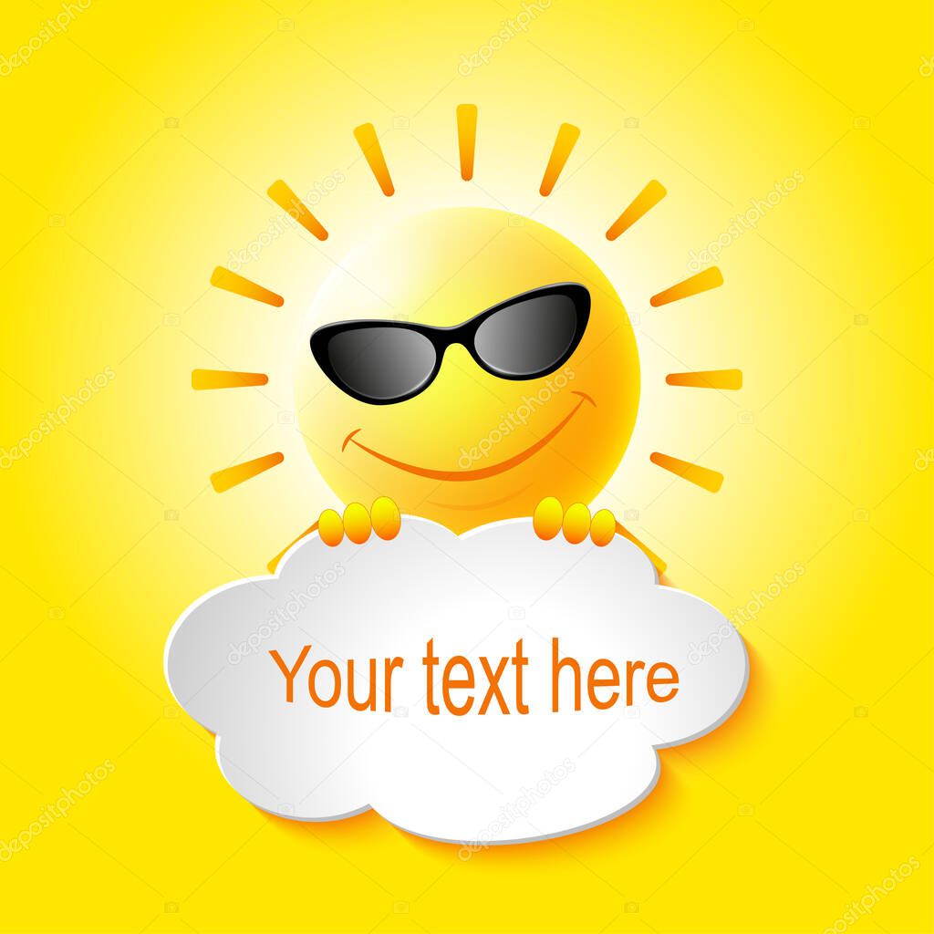 Isolated cartoon smiling sun in sunglasses holding a banner with text. Fairy tale character for children's illustrations.
