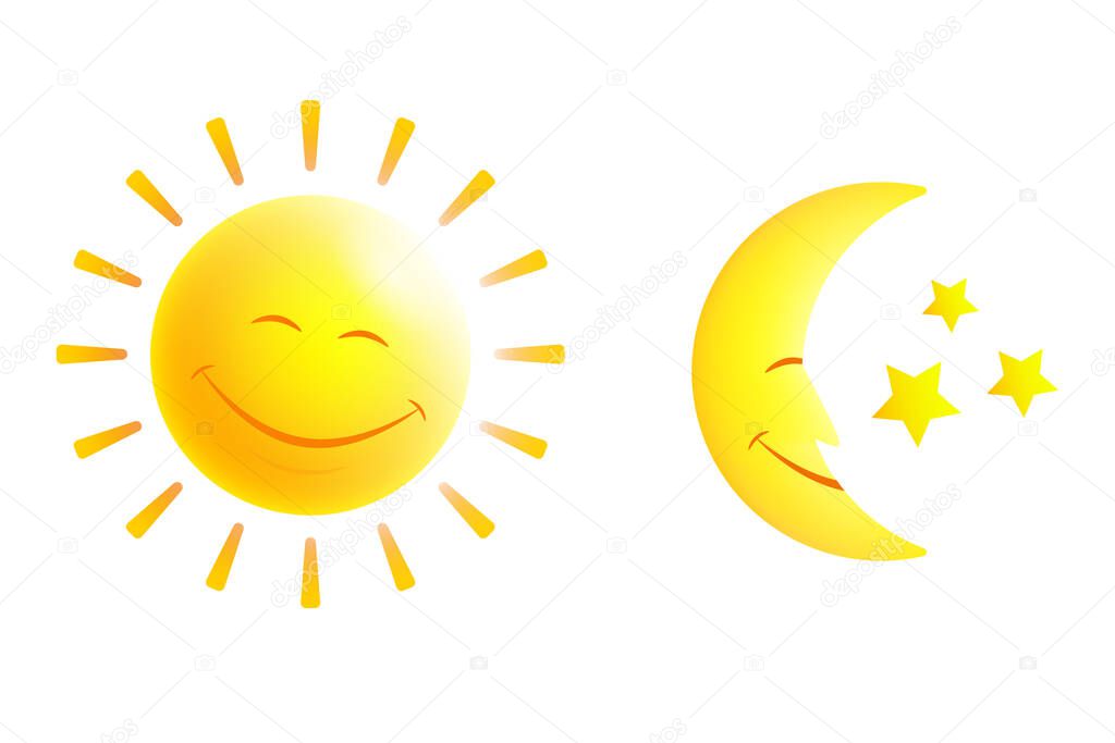 Sun and moon and stars realistic signs icons isolated on white background. Vector Illustration.