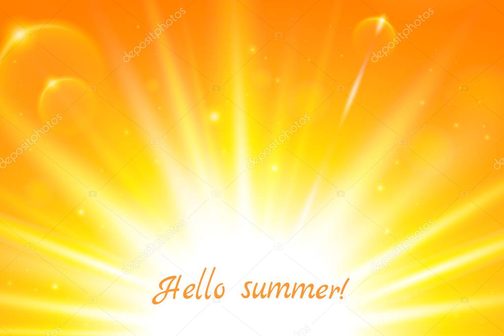 Realistic sun and sunbeams on bright orange tropical sky. Abstract summer sunny sky. Vector background of daytime sunny desert sky with bokeh.