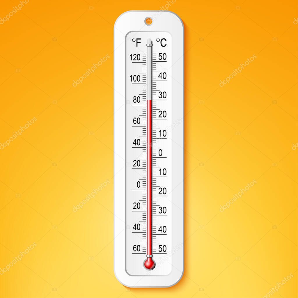 Isolated color realistic thermometer with degrees Celsius and Fahrenheit on the background. Vector weather infographics.