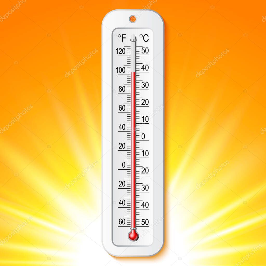 Isolated color realistic thermometer with degrees Celsius and Fahrenheit on the sun background. Vector weather infographics.