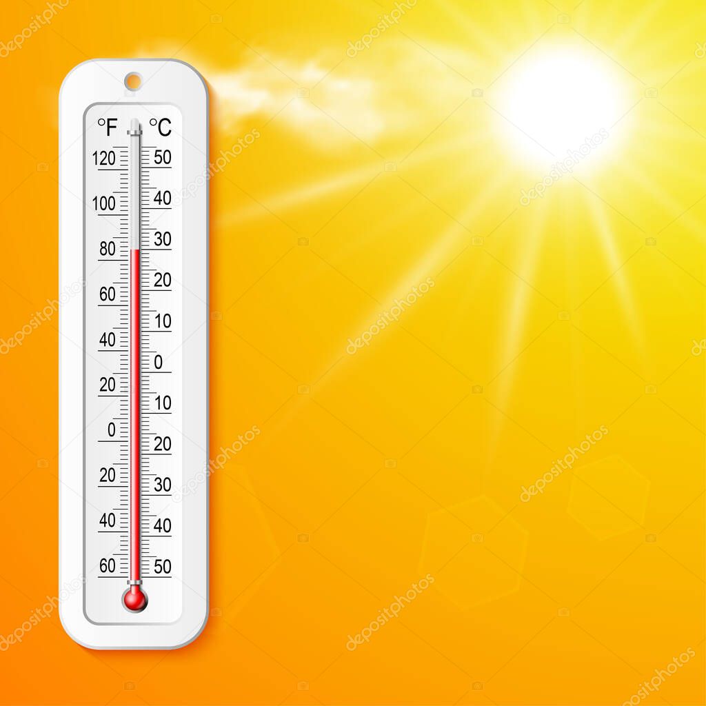 Isolated color realistic thermometer with degrees Celsius and Fahrenheit on the sun background. Vector weather infographics.