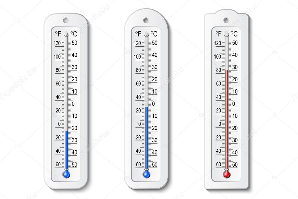Isolated color realistic set of thermometer icons on white background. Vector weather infographics.
