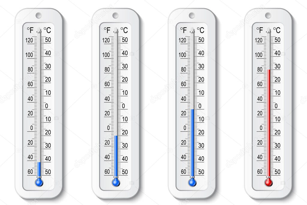 Isolated color realistic set of thermometer icons on white background. Vector weather infographics.
