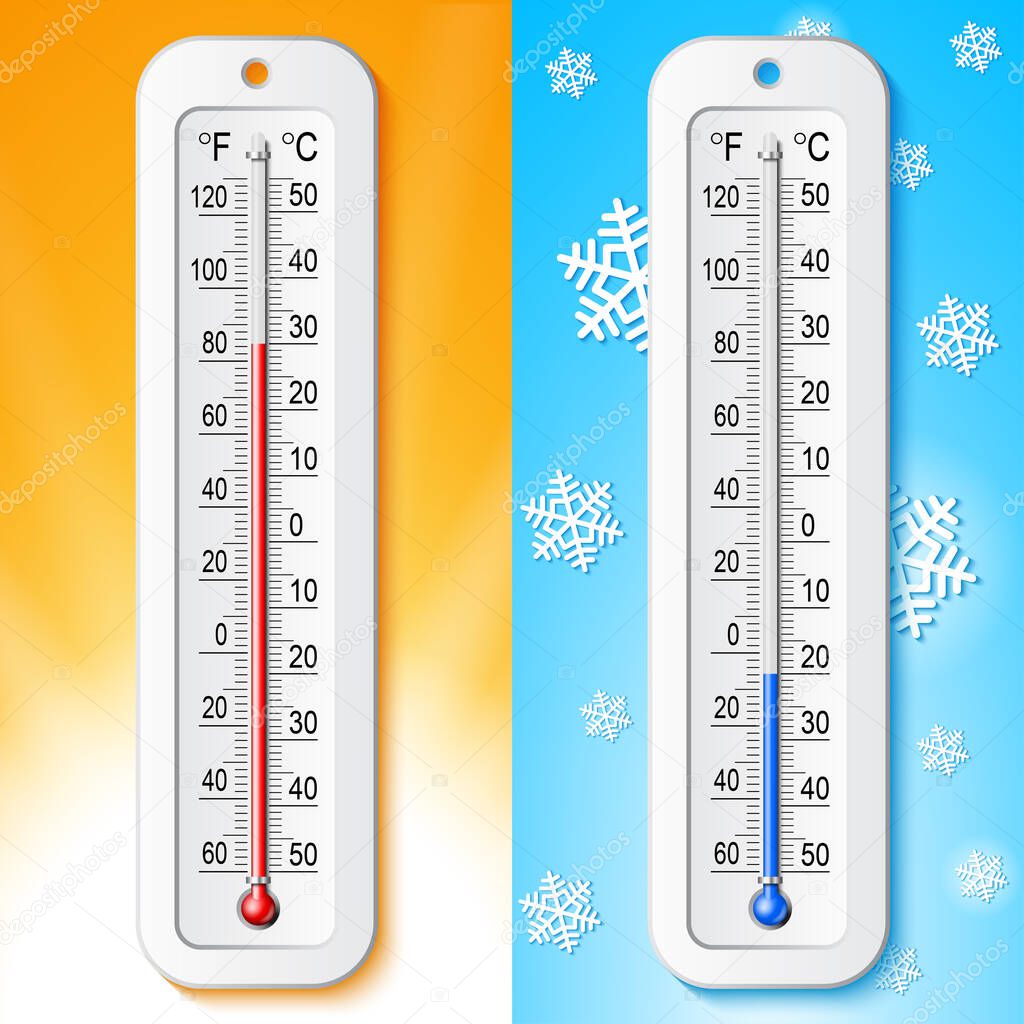 Isolated realistic color set of summer-winter thermometer icons. Vector weather infographics.