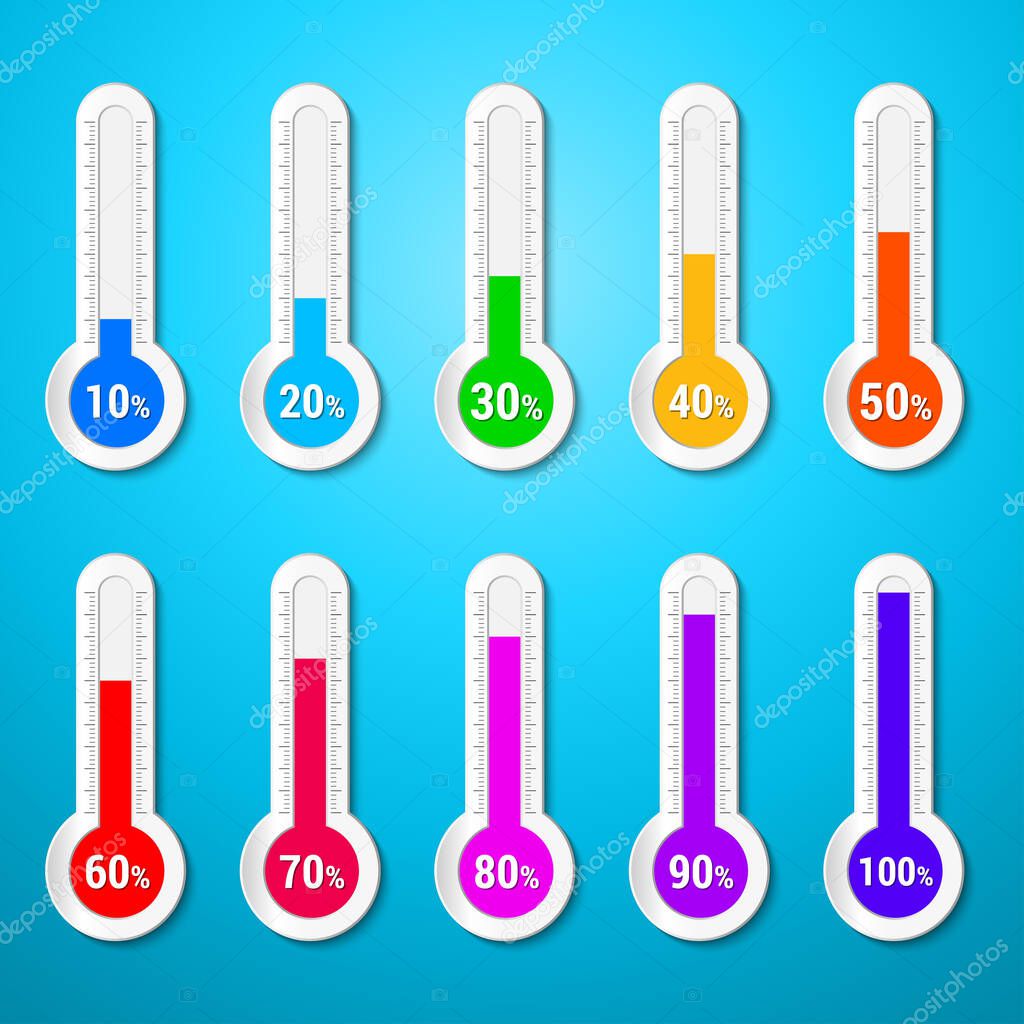 Isolated color percentage level meter. Thermometer. Vector weather infographics.