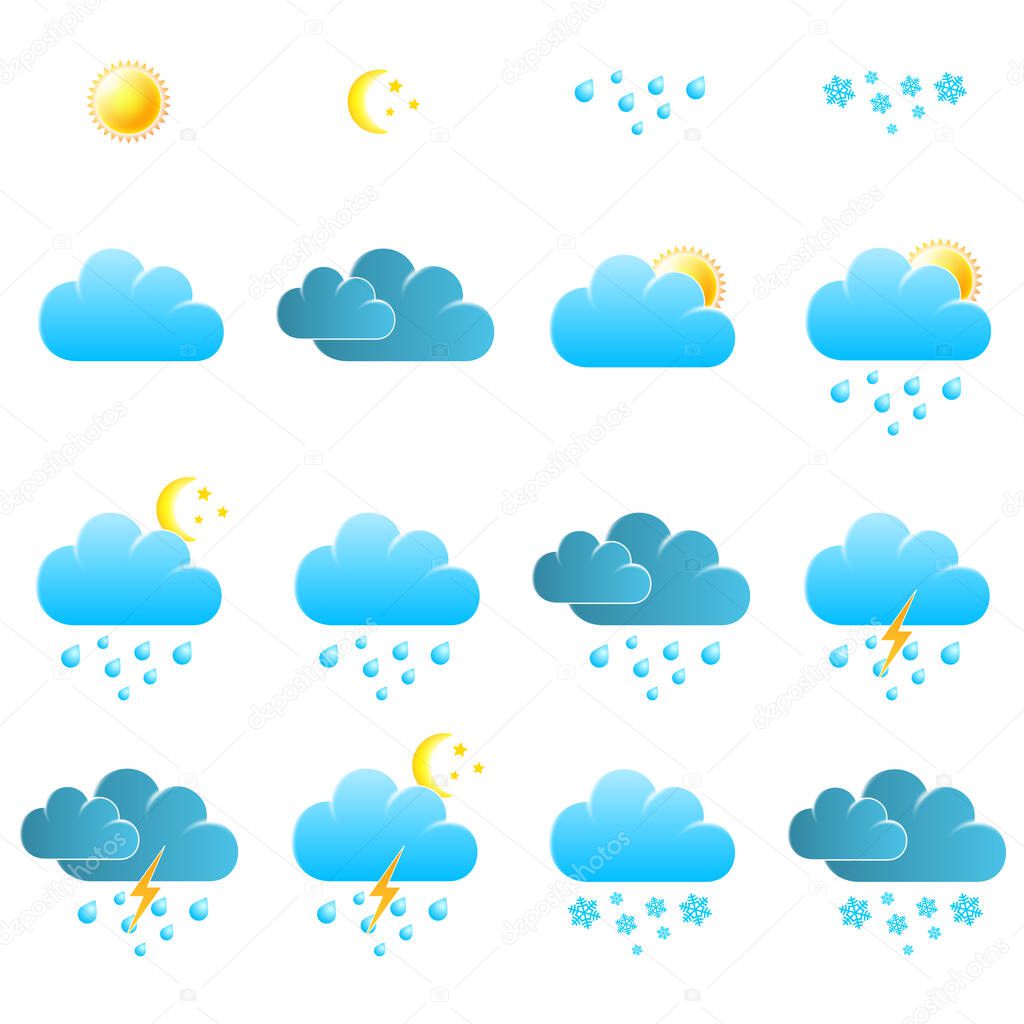 Set of isolated vector colored realistic icons for weather forecast on white background