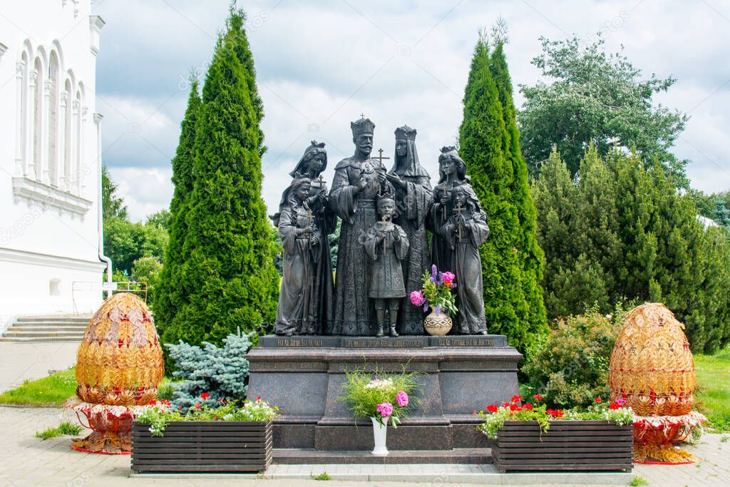 Diveevo, Russia. June 12, 2021. Monument to the Holy Russian Tsar Martyr Nicholas II and his family. Orthodox church. Christian temple.