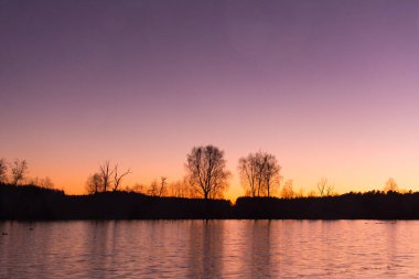 Nehirli güzel bir sonbahar parkı, günbatımında ağaçlar.