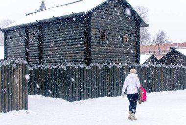 Rusya, Tula. 9 Ocak 2021. Ahşap bir evin arka planında güzel bir turistin portresi ve kışın bir çit..