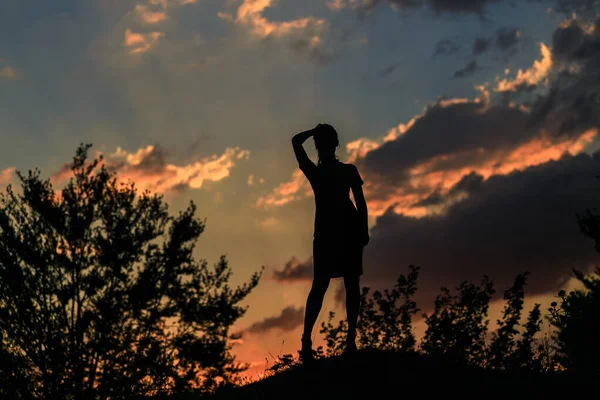 Silhouette Beautiful Dreamy Girl Dress Sunset Her Arms Raised — Stock Photo, Image