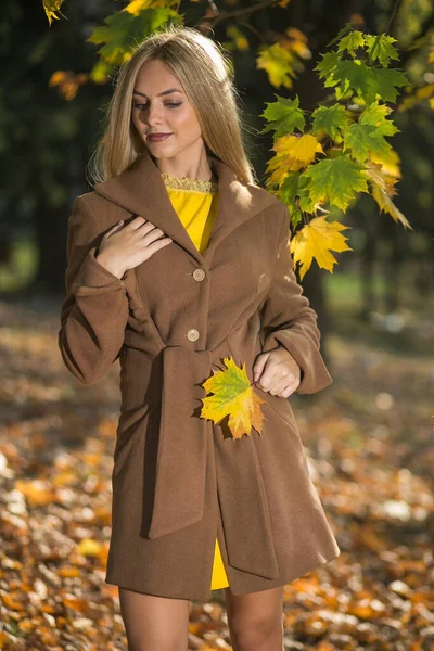 Beautiful Fashion Girl Blonde Hair Modern Dress Coat Posing Autumn — Stock Photo, Image