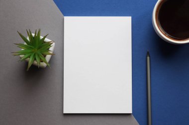 İş ve eğitim dairesi. Mavi ve gri masasında not defteri, kalem, bitki ve bir fincan kahve olan modern işyeri. Sabah konsepti, çalışmaya başla. Üst görünüm.