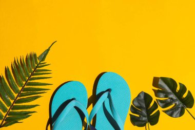 Yaz ve tatil konsepti. Parmak arası terlikler, avuç içi ve canavar yaprakları parlak sarı arka planda fotokopi alanı ile birlikte. Sert ışık. Üst manzara, düz uzanma