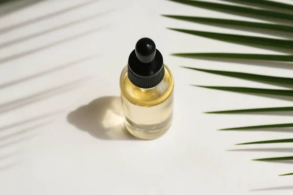 Flaska kosmetisk eterisk olja med dropper och palmblad. Skönhetskoncept. Serum hudvårdsprodukt. Hårt ljus med skugga. Ovanifrån — Stockfoto